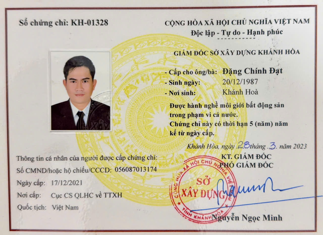 Chứng chỉ hành nghề môi giới bất động sản Đặng Chính Đạt
